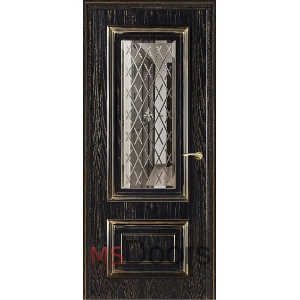 Межкомнатная дверь Мадрид, с гравировкой по зеркалу (цвет: черная эмаль с золотой патиной)