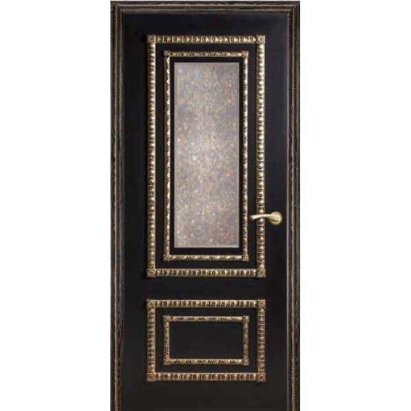 Межкомнатная дверь Прима, остекленная (с состаренным зеркалом, цвет: черная эмаль с золотой патиной)