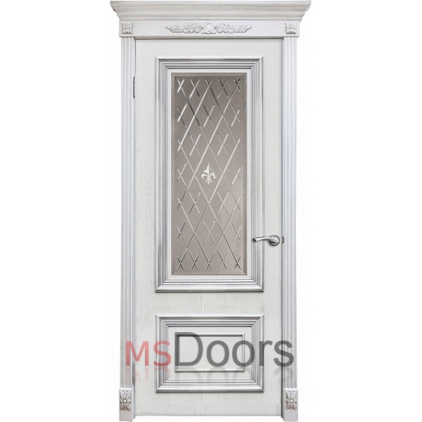 Межкомнатная дверь Мадрид, остекленная (с гравировкой, цвет: патина с серебром)