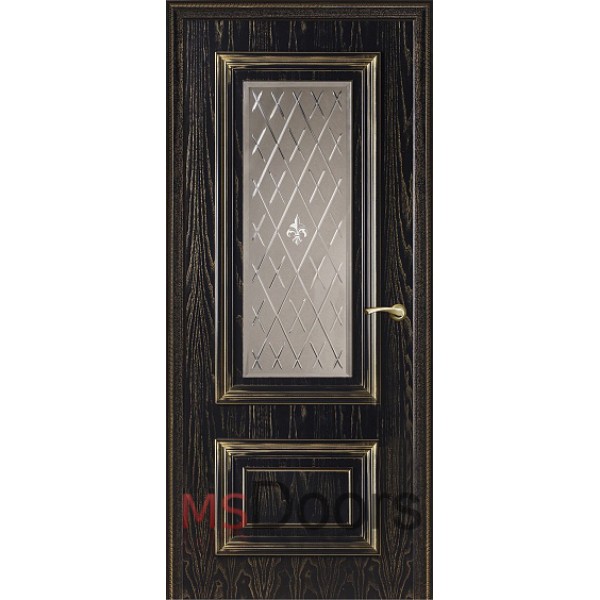 Межкомнатная дверь Мадрид, остекленная (с гравировкой, цвет: черная эмаль с золотой патиной)