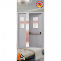 Противопожарная остекленная двупольная металлическая дверь со штангой антипаника EI-60, до 2,52 м²